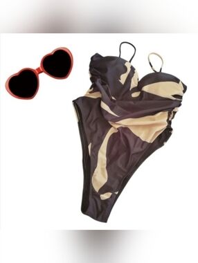 Black and Tan One Piece Ruched Swimsuit